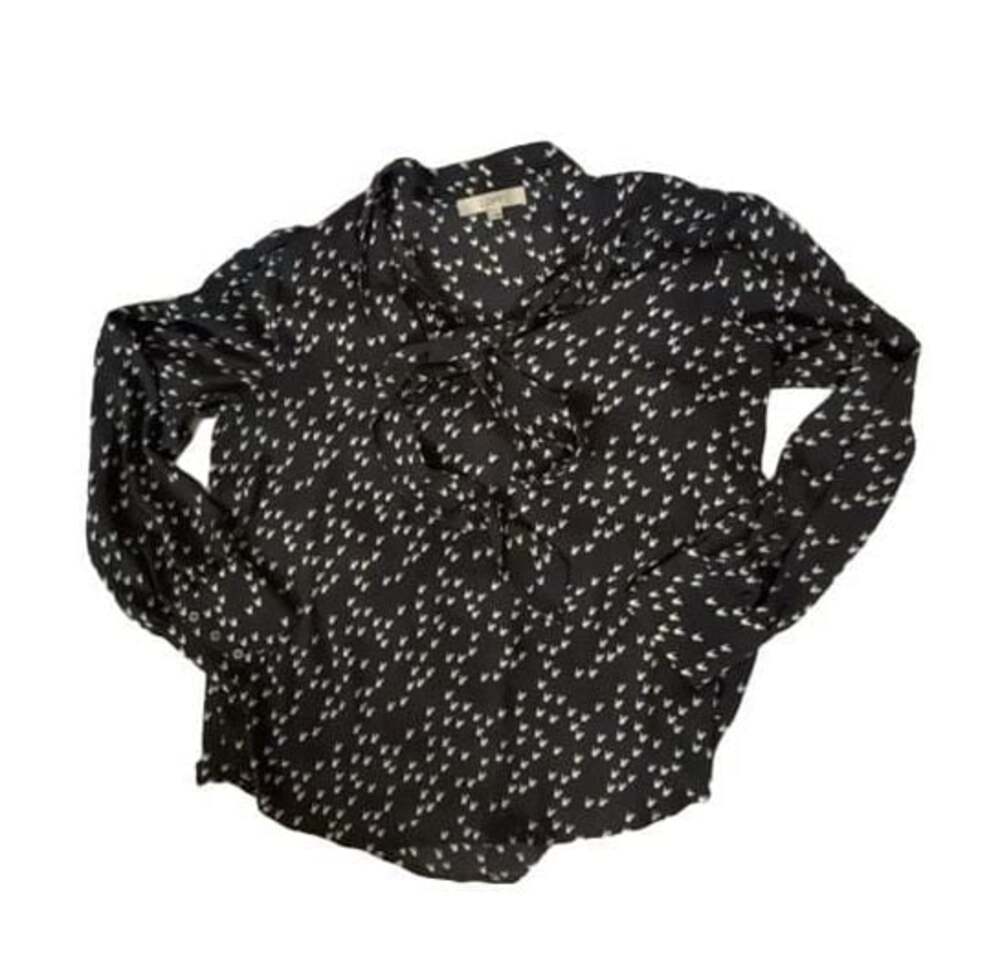 LOFT Black and White Rooster Print Tie Neck Long Sleeve Blouse